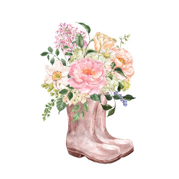 Watercolor garden boots with flowers composition. Hand painted rain boots with beautiful spring floral bouquet, isolated on white background. Botanical illustration.