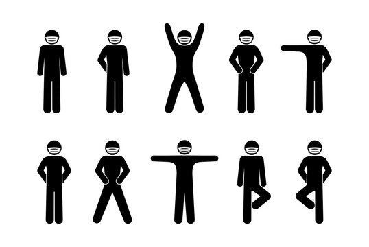 stickman isolated pictograms, masked man, stick figure, set of silhouettes of people in various poses