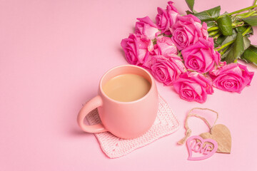 Morning coffee with a beautiful bouquet of roses