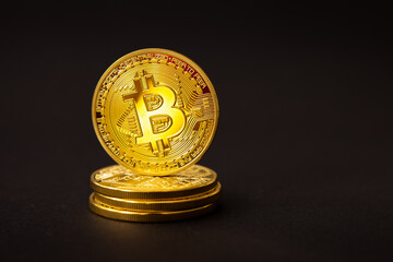 Golden coins with bitcoin logo on dark background