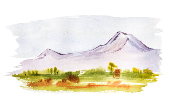 Mount Ararat. Watercolor illustration of the mountain landscape
