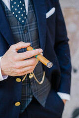 Handsome man in an elegant suit holding a cigar in his hand