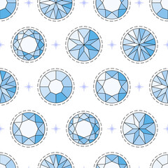 Seamless pattern with blue round-cut diamonds with a black outline and a cartoon dotted line around. Vector illustration