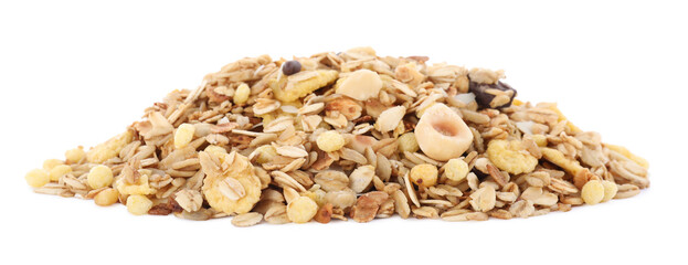 Heap of fresh muesli on white background