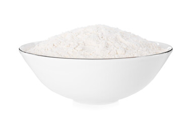 Bowl with fresh flour on white background