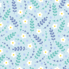 Floral seamless pattern with white flowers, leaves and branches