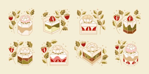 Set of cake, pastry, bakery logo elements with strawberry, flowers, and leaf branch