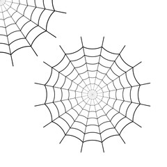 Set icon spider web, corner spiderweb. Cobweb cartoon. Graphic black corner net isolated on white background. Silhouette line spider web. Sketch cobweb. Flat pattern net. Circle outline design. Vector