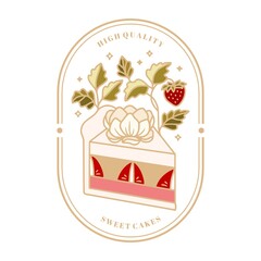 Strawberry cake, pastry, bakery logo, label, food product elements with peony flower, leaf branch, and frame