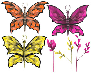 Three colorful butterflies and flowers, watercolor