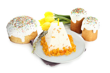Composition with traditional cottage cheese Easter paskha on white background