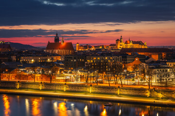 Evening view of Krakow. The Wawel and other monuments of the old town are visible.