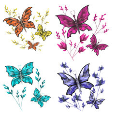 Compositions of turquoise, pink,  yellow, orange and purple  butterflies and flowers, watercolors
