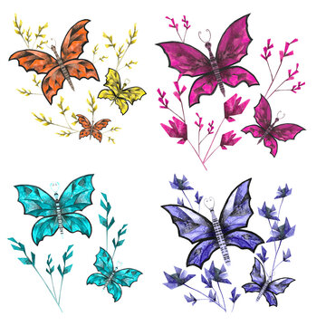 Compositions of turquoise, pink,  yellow, orange and purple  butterflies and flowers, watercolors