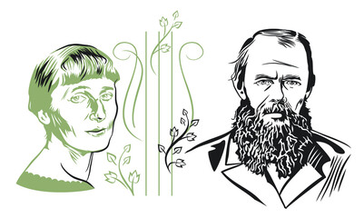 Vector faces of Dostoevsky and Akhmatova on a white background. Recognizable images of the authors with a lyre and sprigs