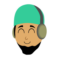 Cartoon Muslim face listening to music