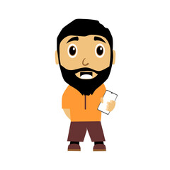A Muslim cartoon with a beard and an orange shirt standing on his smartphone. Vector ilustration eps 10.