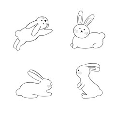 Set of cute rabbits. Hand drawn illustration in doodle style. Hare wild animal set vector illustration. Design element.