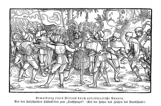 Assassination of a knight by hand of rebellious peasants of the shoemaker league, engraving by Hans Leonhard Schaeufelein, 16th century