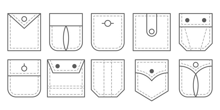 Vector clothing isolated icons set. Patch pocket bag.