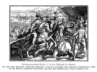 Fototapeta na wymiar All is lost save honour,Francis I king of France defeated and taken as prisoner at the battle of Pavia during the Italian war against Charles V Holy Roman Emperor, 1525