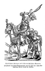 Turkish horse soldier with impaled child and captured Austrian peasants,at the time of Ottoman Wars,  woodcut, for a leaflet by Hans Guldenmundt, circa 1529 at the time of the first siege of Vienna