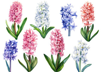 Watercolor flowers hyacinths on isolated white background, botanical painting. Set of floral design elements. 