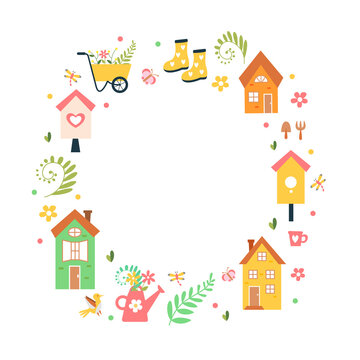 Spring wreath with various elements: house, flowers, watering can, butterfly, dragonfly, birdhouse, cart, leaves. Vector illustration.