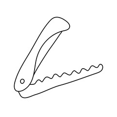 Folding hand saw. Hand drawn vector illustration in doodle style on white background. Isolated black outline. Camping equipment.