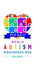 2nd April World Autism Awareness Day message card design. Heart shape from puzzle cards.