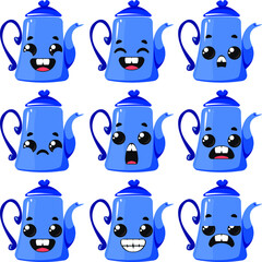 Set of blue teapots with different emotions. Vector illustration in cartoon childish style.