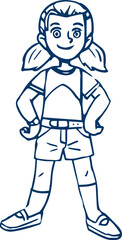 Clipart black outline child schoolboy girl hands in hips. Vector illustration in cartoon style.