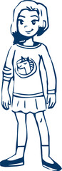 Clipart black outline child schoolboy girl in a skirt. Vector illustration in cartoon style.