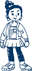 Clipart black outline child schoolboy girl in a skirt. Vector illustration in cartoon style.