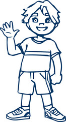 Clipart black outline child schoolboy boy waving hand. Vector illustration in cartoon style.