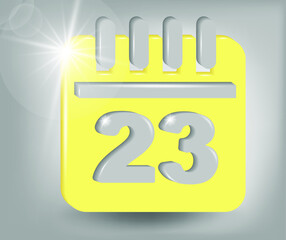 Calendar icon - date number 23. Calendar symbol for your web site design, logo, app, UI. 3d vector illustration in yellow - gray colors.