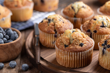 Blueberry Muffins on a Wooden Platter