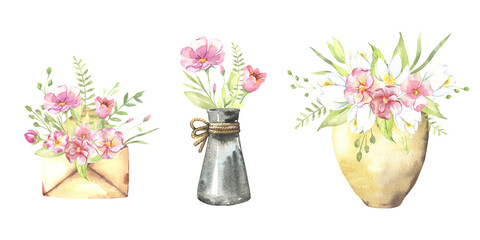 Watercolor floral illustration - pots with leaves and branches bouquets with pink flowers and leaves for wedding stationary, greetings, wallpapers, background. Roses, green leaves. . High quality