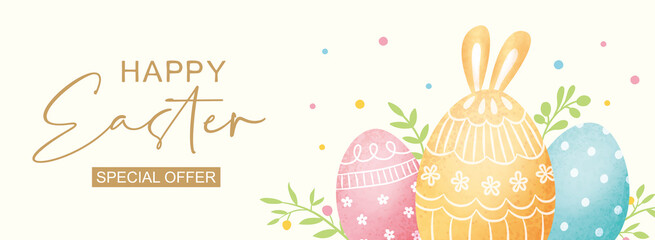 Easter poster and banner template with Easter eggs on light yellow background.