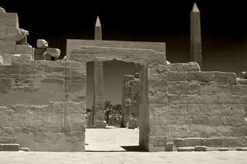black and white view of entrance to ancient temple in Luxor 