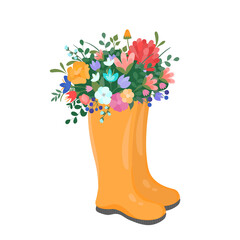 Vector illustration spring wellies boots with blooming bouquet spring flowers, cotton. Spring symbol flat style.