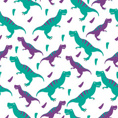 Seamless pattern with cute tyrannosaurs. A pattern with dinosaurs in turquoise and purple on a white background.