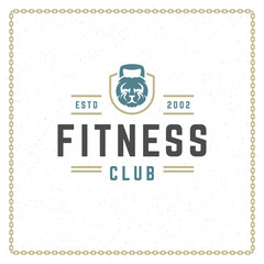 Fitness logo or badge vector illustration kettlebell as lion head sport equipment symbol silhouette