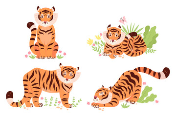 Fototapeta na wymiar Set of cute tigers isolated on a white background. Vector graphics.