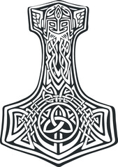 Mjellner Thor's hammer.. Vector illustration in graphic style clipart tattoo. Hammer of God. Scandinavian mythology.