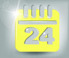 Calendar icon - date number 24. Calendar symbol for your web site design, logo, app, UI. 3d vector illustration in yellow - gray colors.