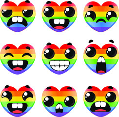 Seth hearts LGBT with different emotions. Valentine's Day. Vector illustration in cartoon childish style.