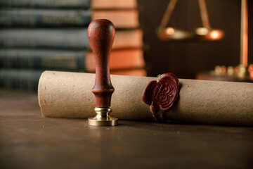 Last will, stamp and old wax seal in notary office