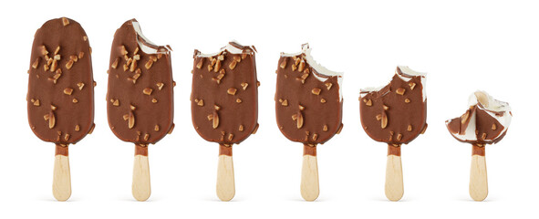 Bitten chocolate ice cream with nuts arranged in a row, isolated