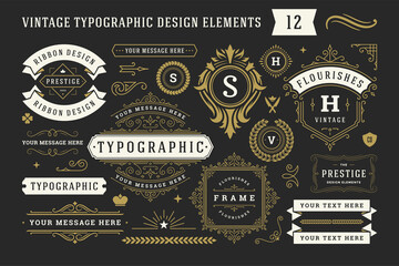 Vintage typographic decorative ornament design elements set vector illustration